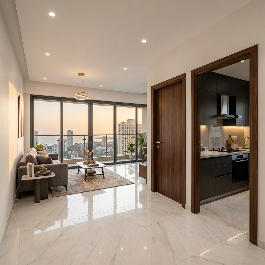 Abhee Aaria premium construction quality — luxury vitrified tile flooring, teak wood doors, UPVC windows