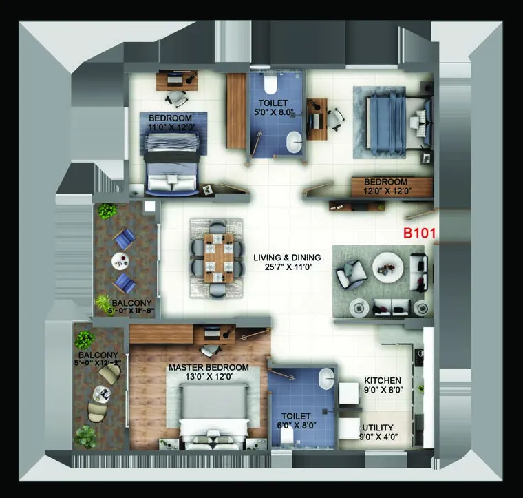 Abhee King's Court 2.5 BHK East-facing floor plan, 1,530 sq. ft. super built-up