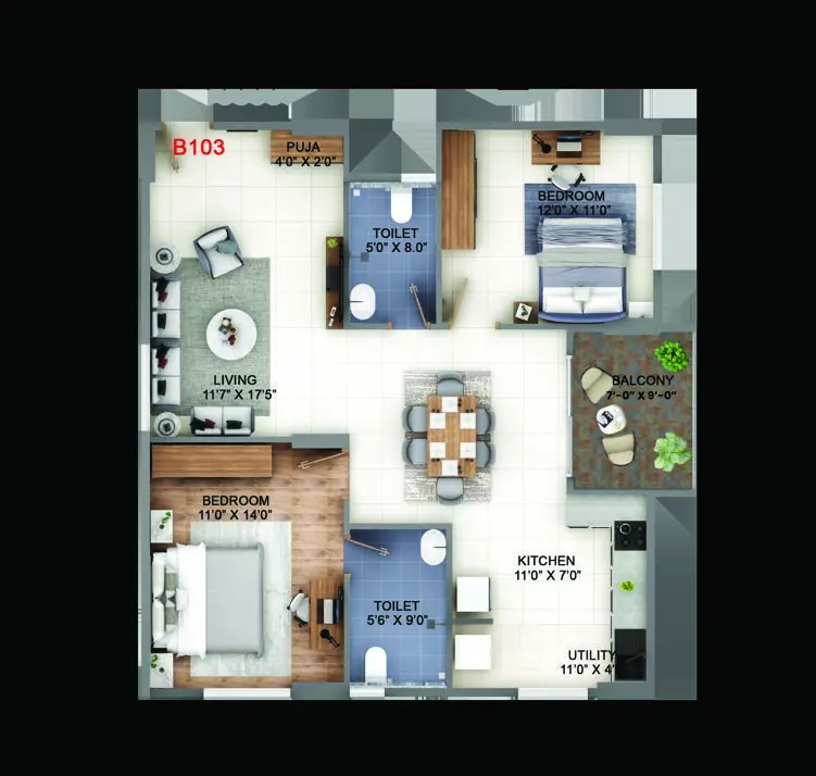 Abhee King's Court 2 BHK North-facing floor plan, 1,255 sq. ft. super built-up