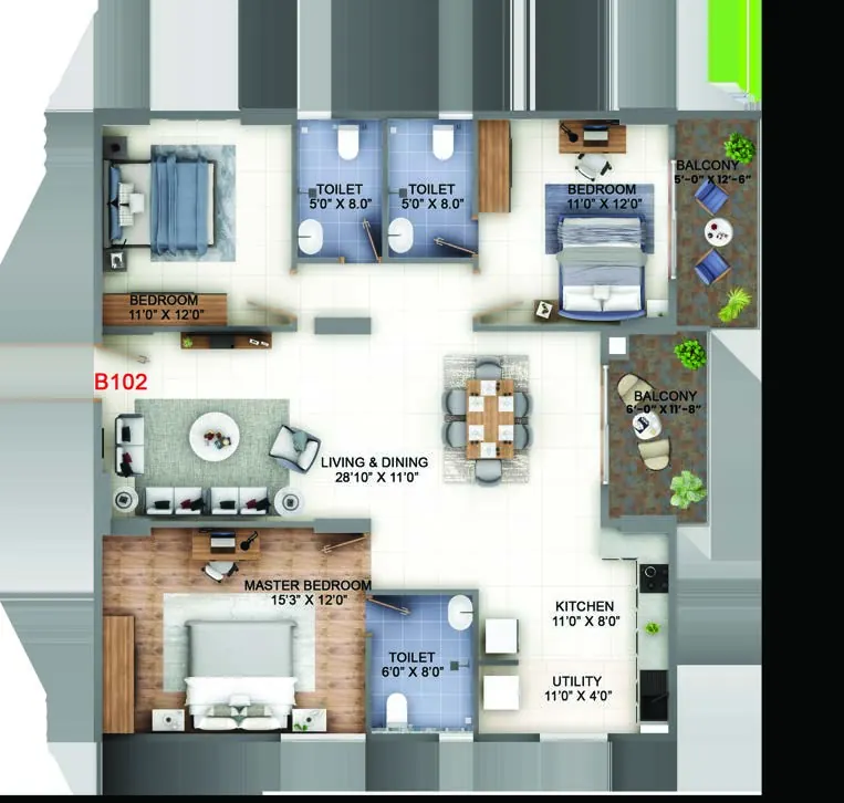 Abhee King's Court 3 BHK West-facing floor plan, 1,720 sq. ft. super built-up
